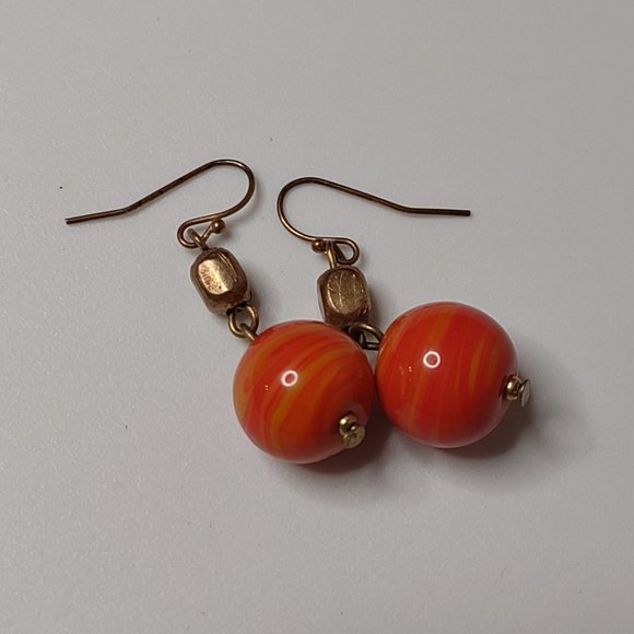 Vintage Heavy Orange Ceramic Bead Dangle Earrings - Picture 1 of 8